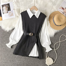 Load image into Gallery viewer, women's lantern sleeve shirt knitted vest two piece set