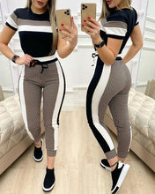Load image into Gallery viewer, Women's Color-block Plaid Striped Short Sleeve Top & Drawstring Pants Set
