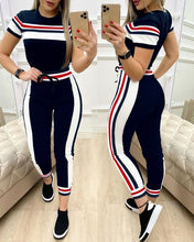 Load image into Gallery viewer, Women's Color-block Plaid Striped Short Sleeve Top & Drawstring Pants Set