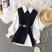 Load image into Gallery viewer, women's lantern sleeve shirt knitted vest two piece set
