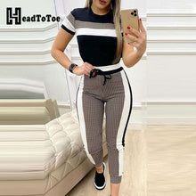 Load image into Gallery viewer, Women's Color-block Plaid Striped Short Sleeve Top &amp; Drawstring Pants Set
